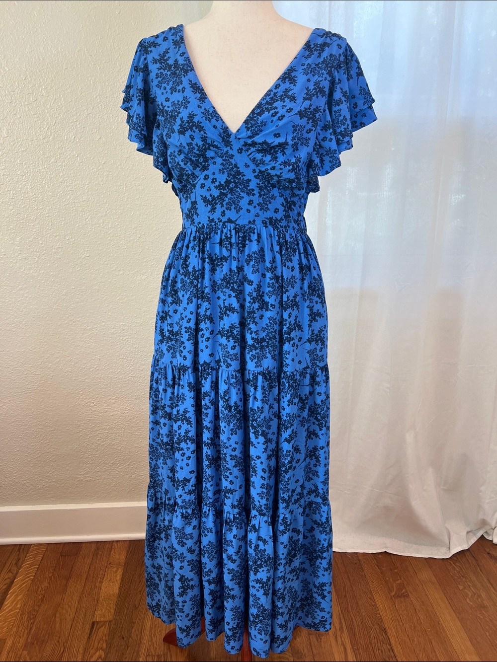 English Factory Blue Floral V-Neck Tiered Maxi Dress. Size S. NWOT
